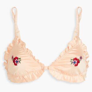 Stella McCartney Ruffled embroidered sterch satin triangle bra L